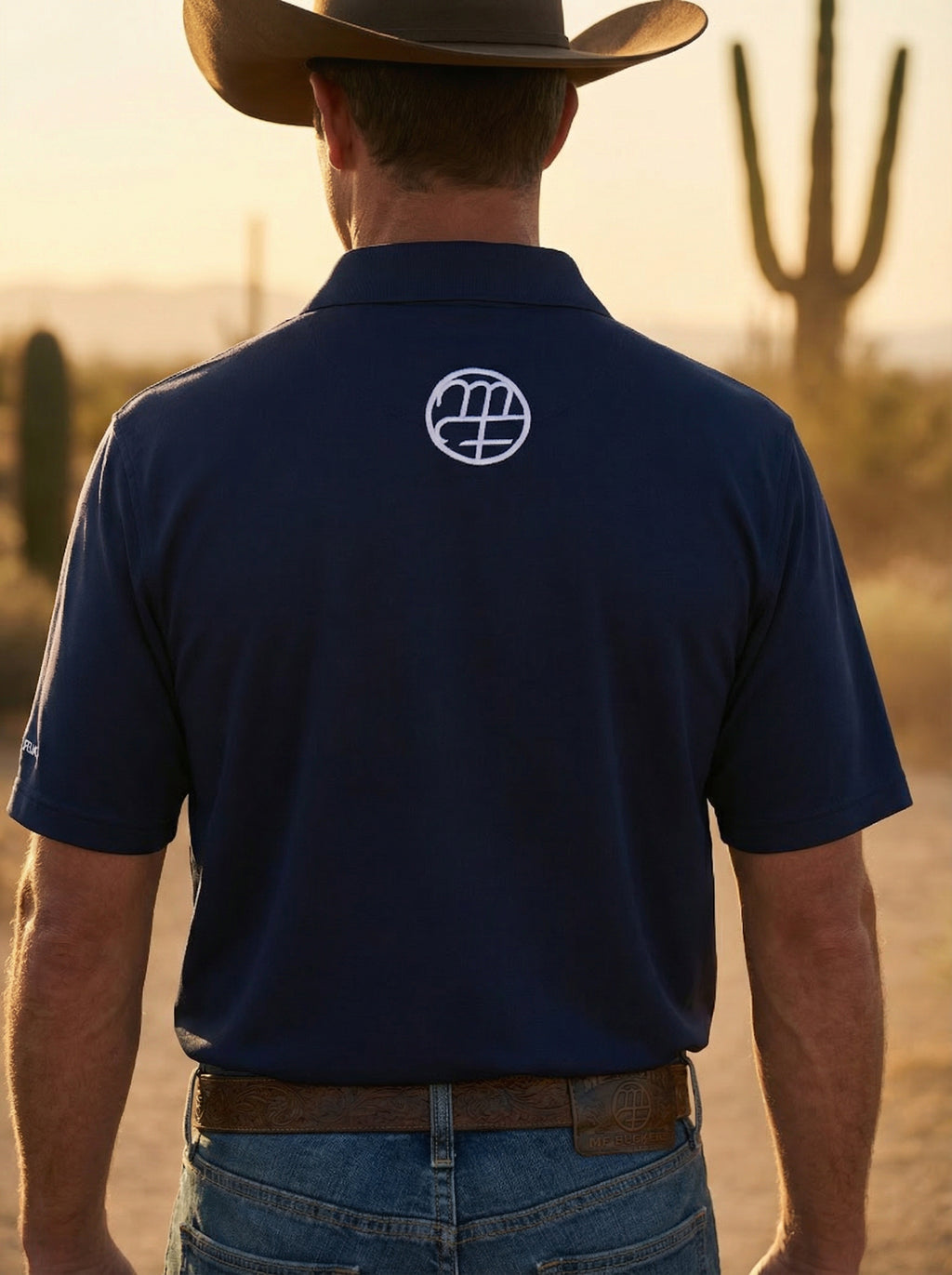 Men's Navy Polo with White Logo on sleeve and back