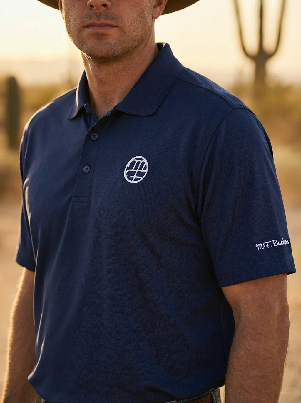 Men's Navy Polo with White Logo on sleeve and back