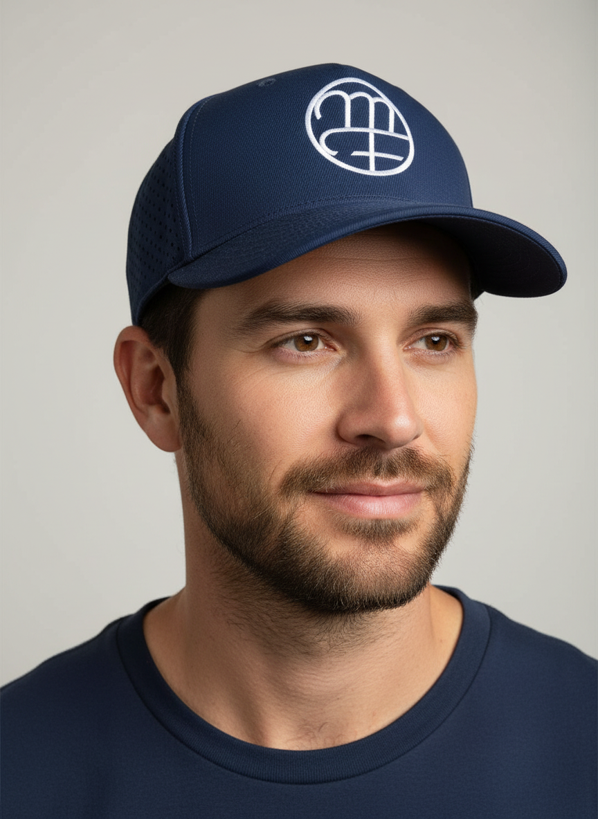 Navy Waterproof Trucker Hat, White Logo, Perforated Back, Adjustable