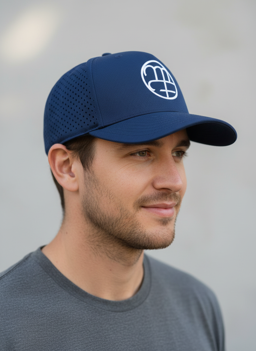 Navy Waterproof Trucker Hat, White Logo, Perforated Back, Adjustable