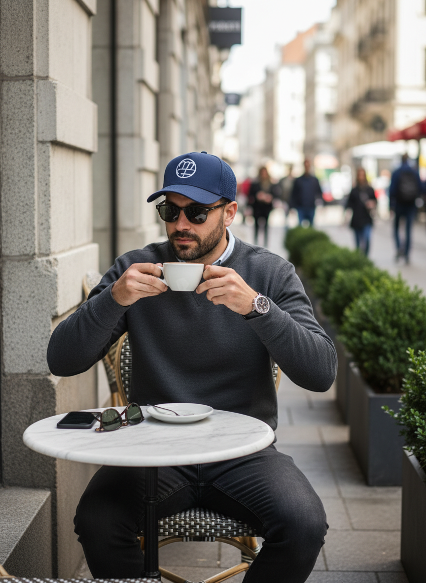 Navy Waterproof Trucker Hat, White Logo, Perforated Back, Adjustable