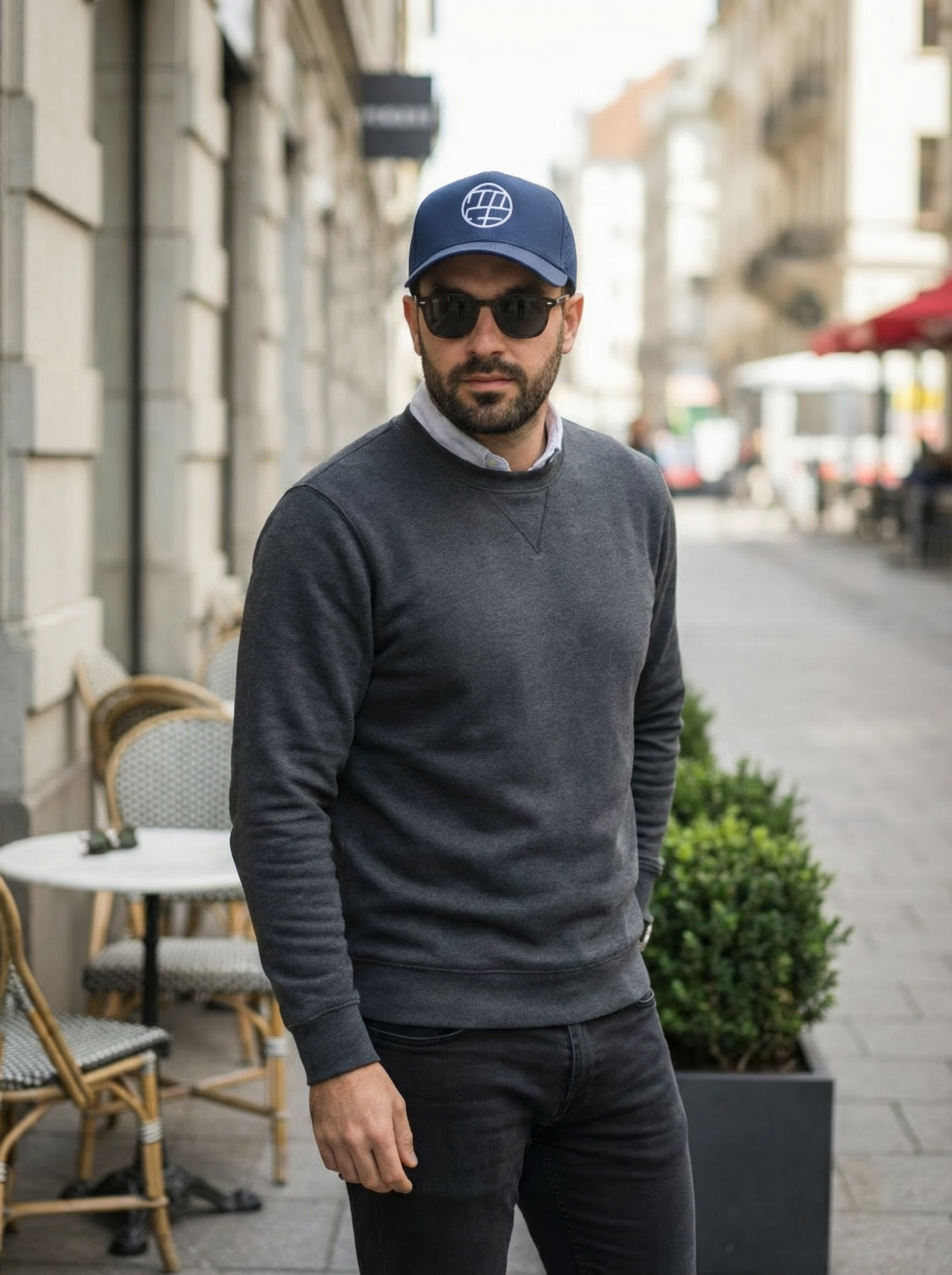 Navy Waterproof Trucker Hat, White Logo, Perforated Back, Adjustable